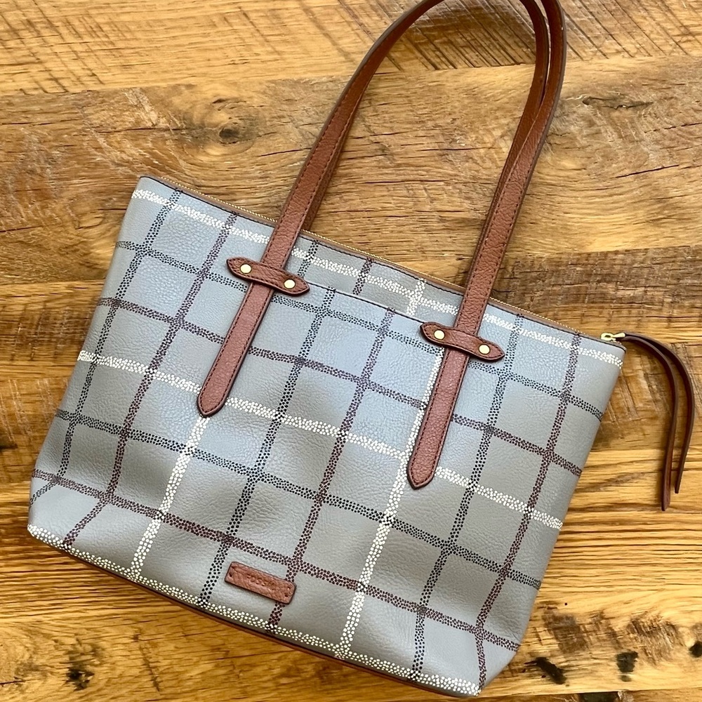 Fossil Rachel Zip Top Tote Gray Plaid Shoulder Bag Brown Leather Trim NWOT - Picture 2 of 10